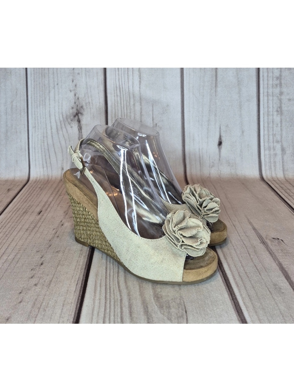 Aerosoles Women’s Size 7M 4" Wedge Heels Flower Tan Brown Wood Back Strap